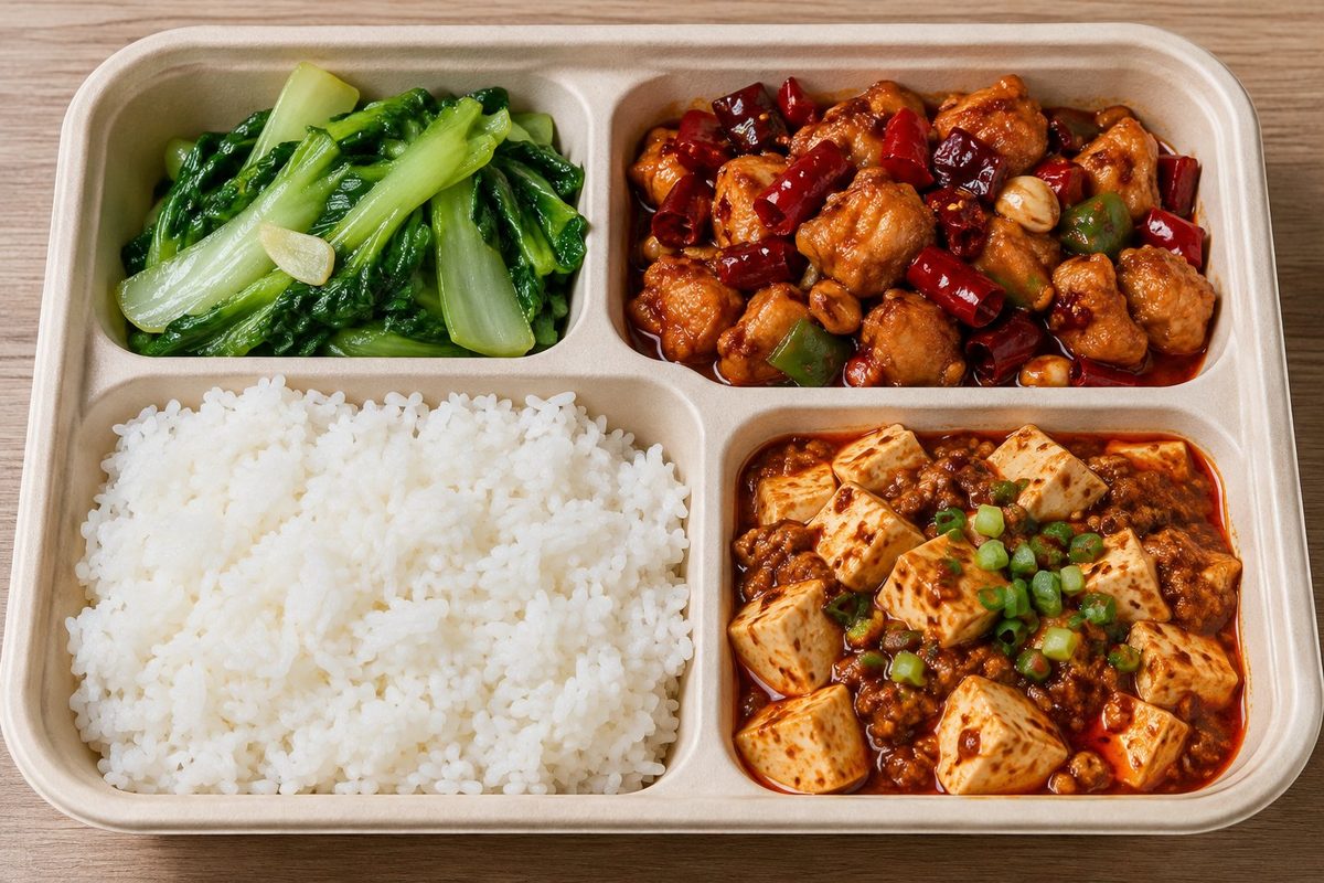 四格外卖餐盒实物参照：左上炒青菜100克，右上辣子鸡150克，左下米饭200克，右下麻婆豆腐150克